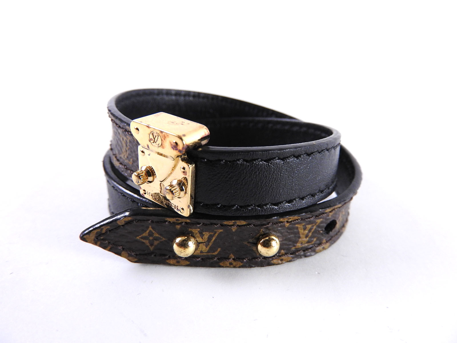 LOUIS VUITTON Double Wrap Bracelet Bangle Monogram Leather Size 17 ...
