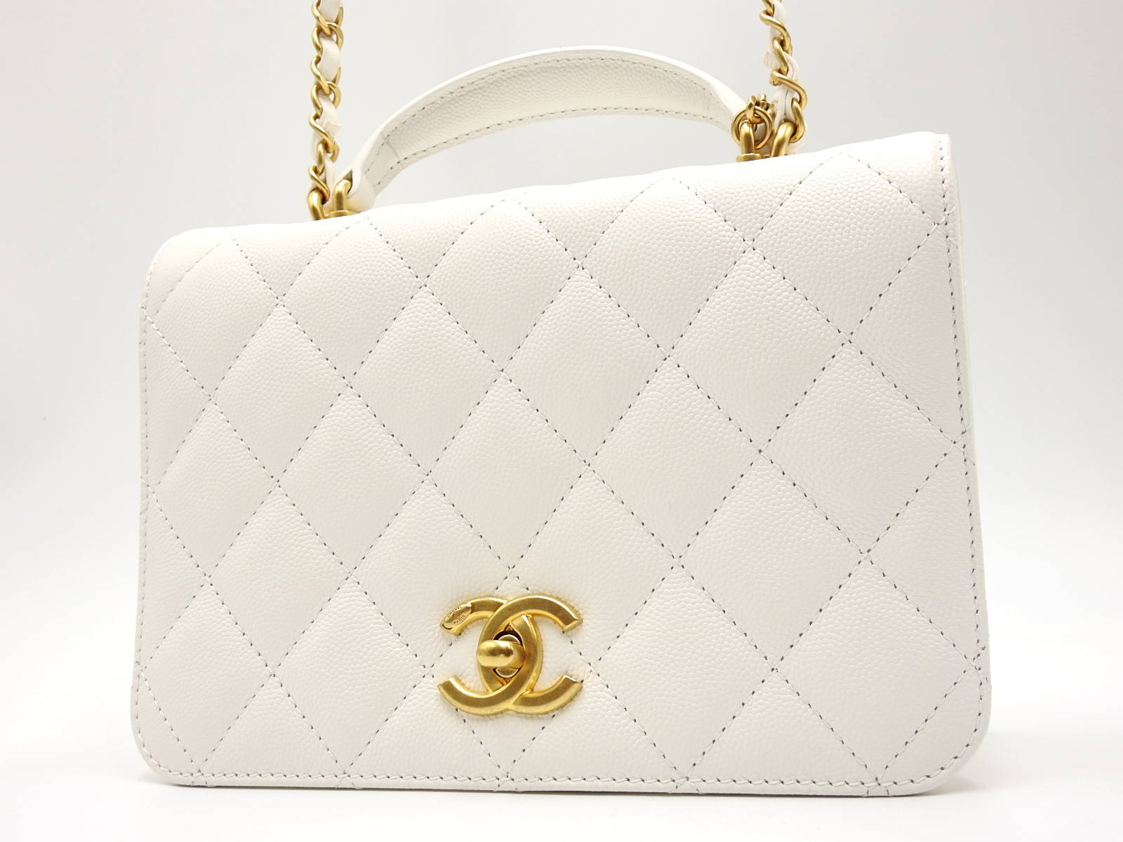 CHANEL Mini Matelasse Top Handle Full Flap Shoulder Bag Caviarskin White  W-7672