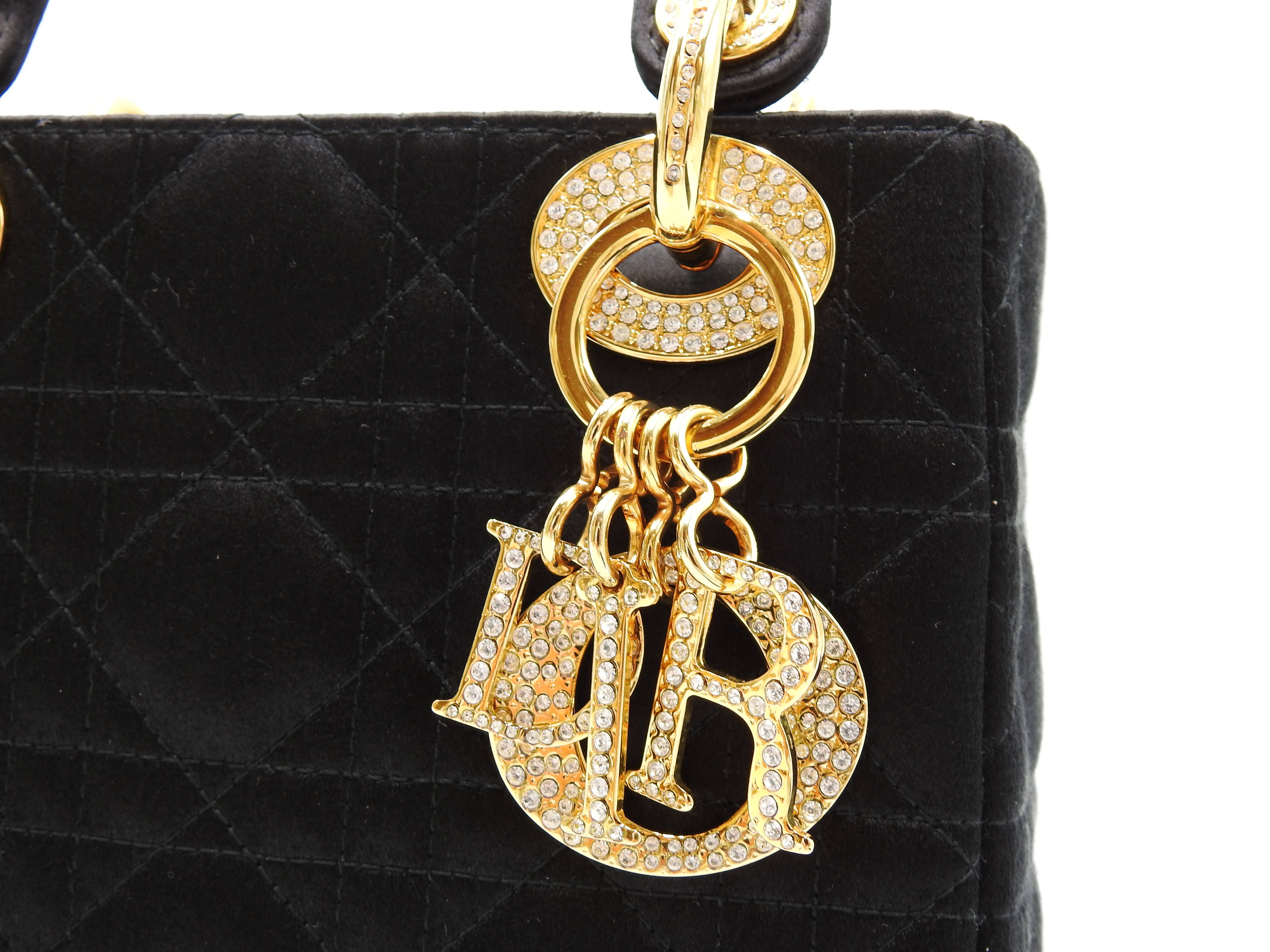 Christian Dior Lady Dior Mini Cannage Hand Bag Satin Crystal Black