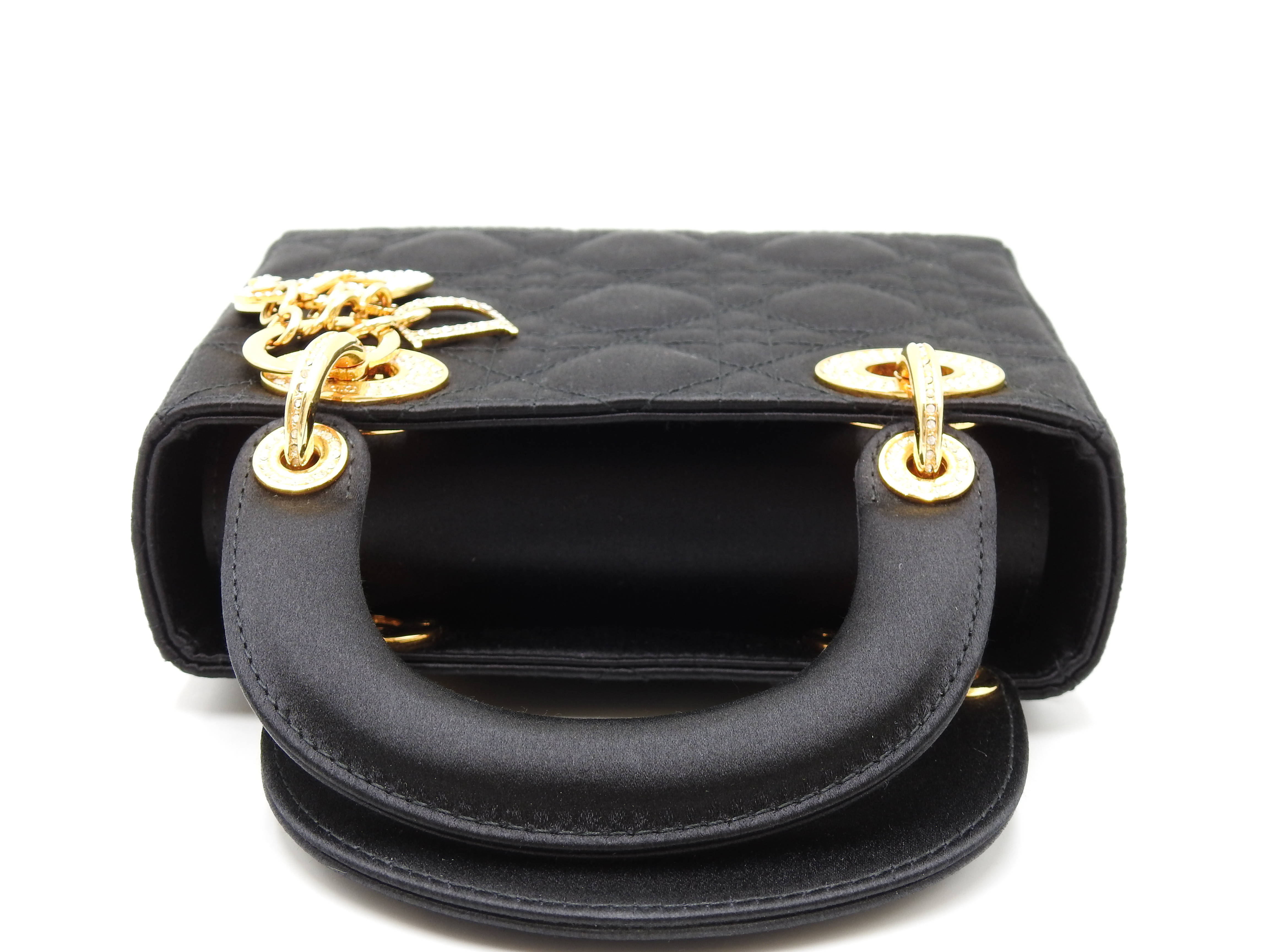 Christian Dior Lady Dior Mini Cannage Hand Bag Satin Crystal Black